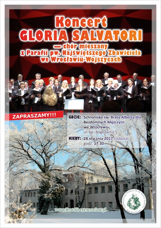 Plakat koncertu chóru Gloria Salvatori w Schronisku św. Brata Alberta (28.01.2017)